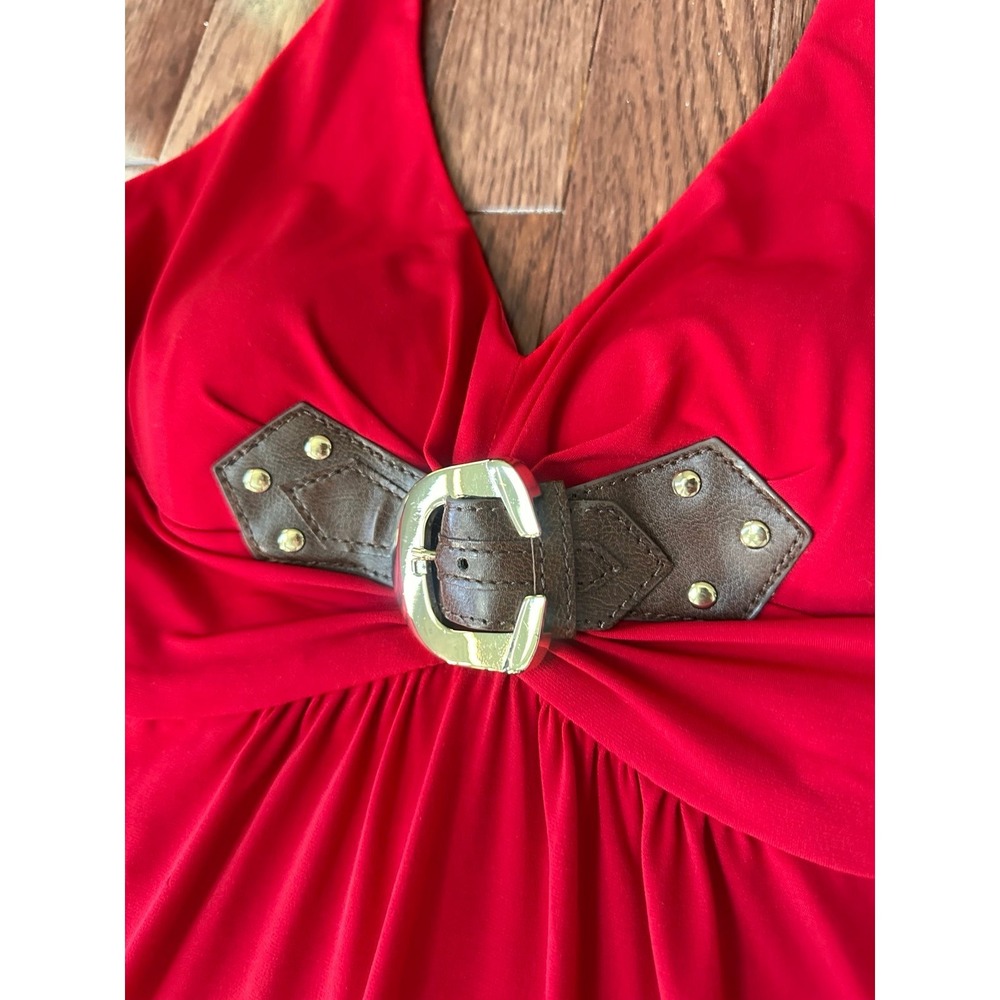 Vintage Cache Red Brown Silver Halter Neck Plunge Sexy Cocktail Dress Large - Picture 9 of 12